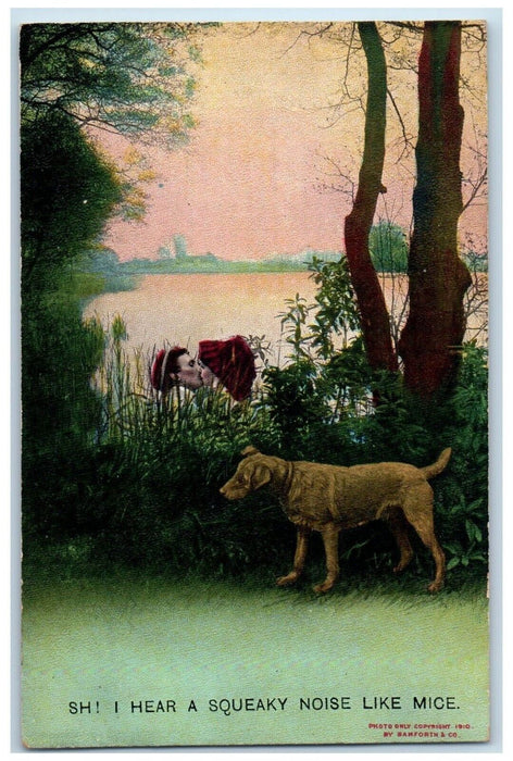 c1910's Sweet Couple Romance Kissing Hiding Dog Bamforth Antique Postcard