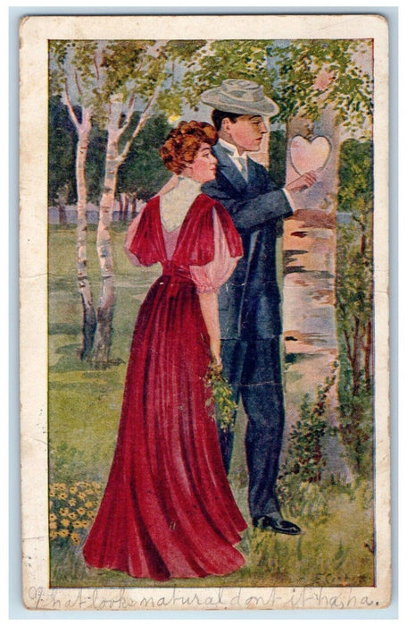 c1910's Sweet Couple Romance Heart Carving Tree Fremont Ohio OH Antique Postcard