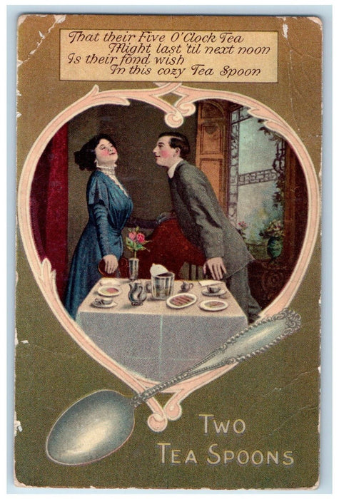 1909 Couple Romance Dinner Two Tea Spoons Embossed Fox VA Antique Postcard