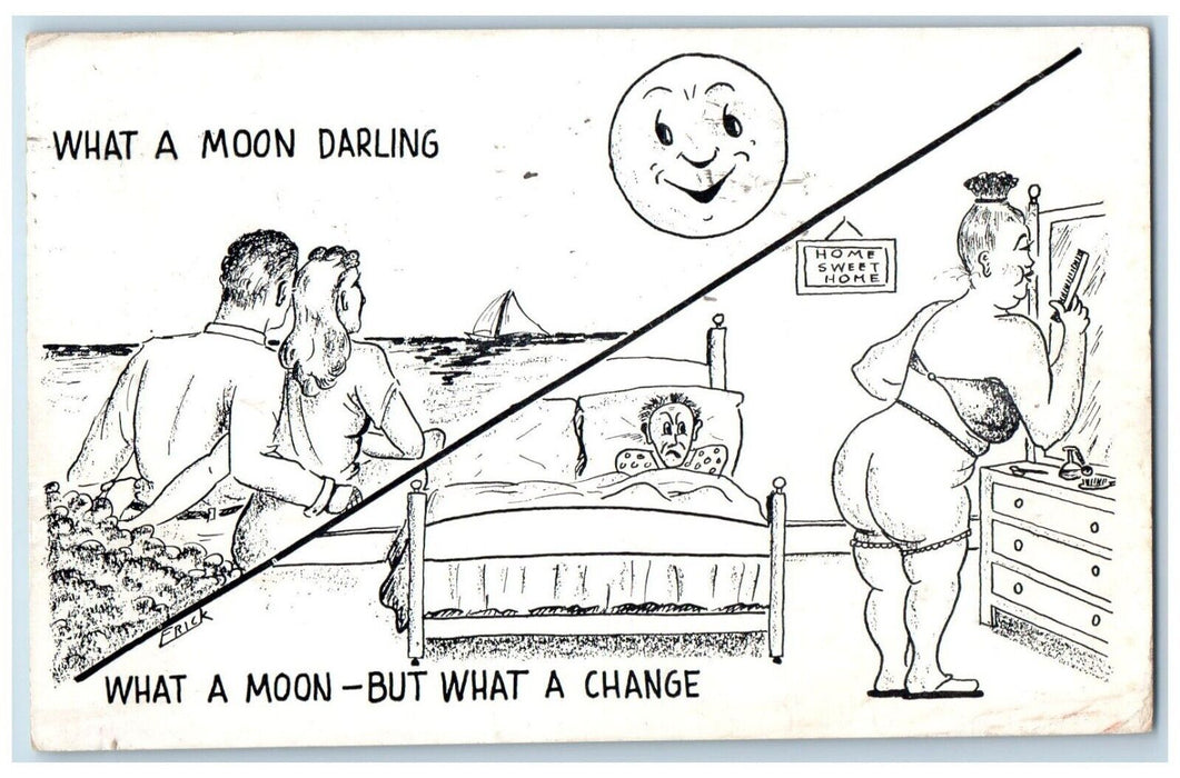 1949 Sweet Couple Romance Man On Bed Fat Woman Mirror Billing Montana Postcard