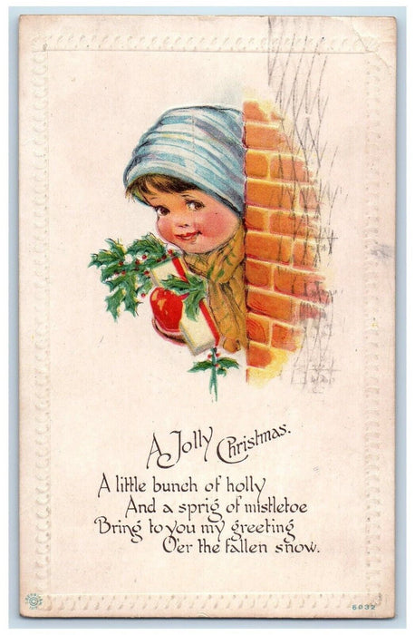 1917 Merry Christmas Girl Holly Berries Gift Embossed Steelton PA Postcard
