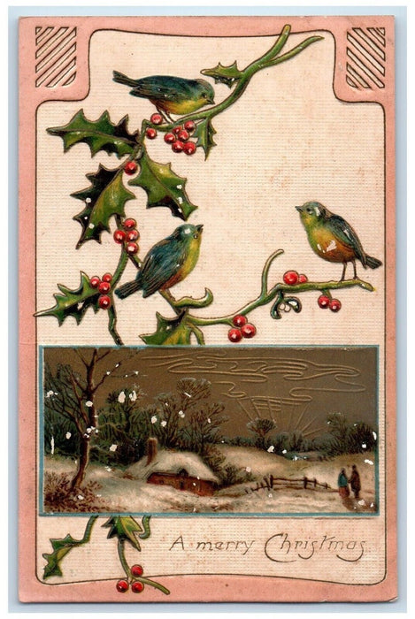 c1910's Merry Christmas Song Bird Holly Berries Winter Embossed Antique Postcard