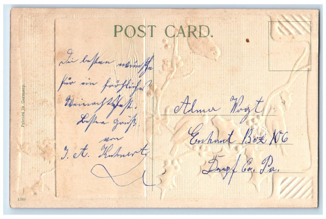c1910's Merry Christmas Song Bird Holly Berries Winter Embossed Antique Postcard