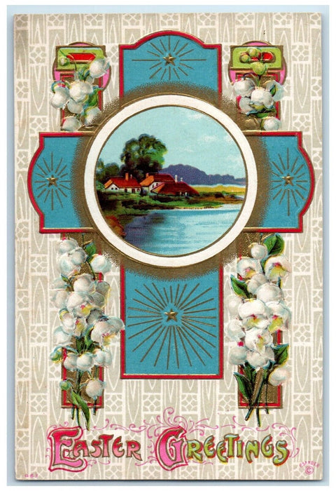 1915 Easter Greetings Cross White Flowers House River P. Sander Posted Postcard