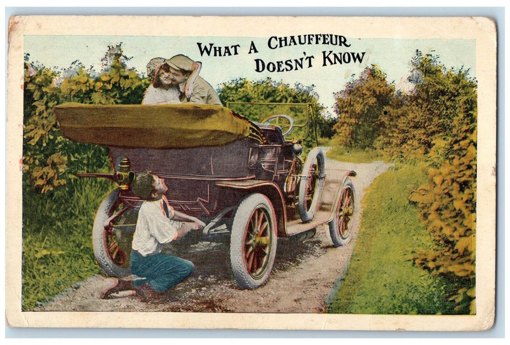 1914 Sweet Couple Romance Boy Fixing Car Virden Illinois IL Antique Postcard