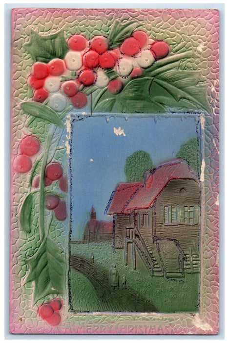 c1910's Merry Christmas House Holly Berries Airbrushed Embossed Antique Postcard