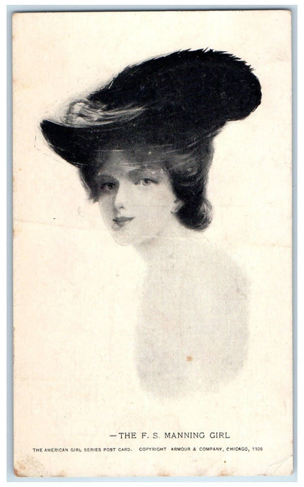 c1910's The FS Manning Girl Feather Hat Chicago Illinois IL Antique Postcard