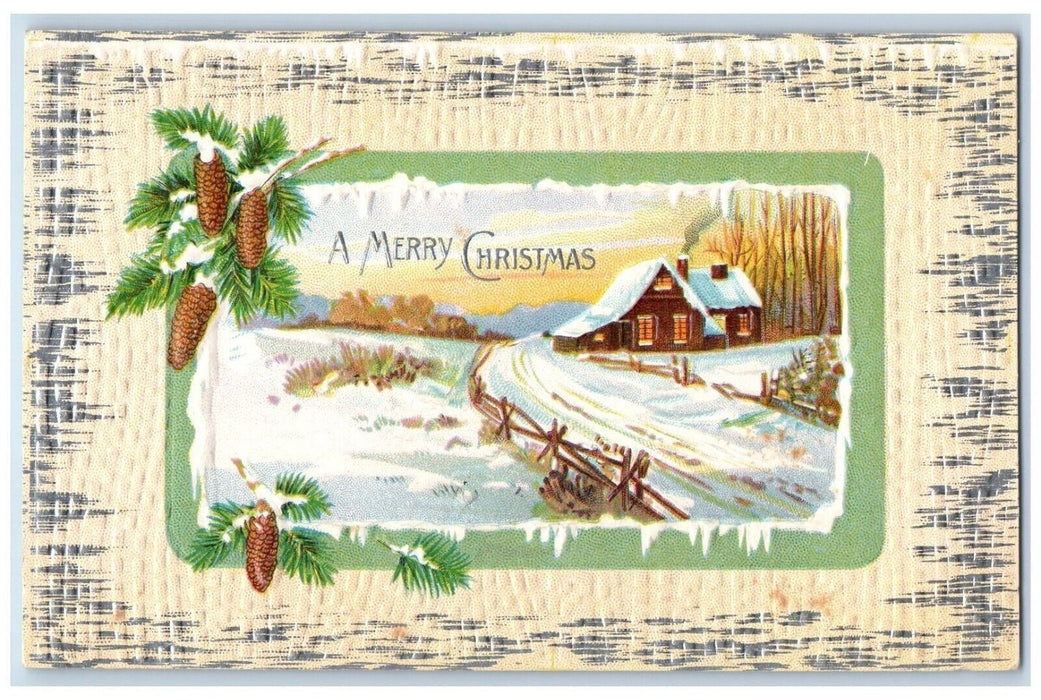 c1910's Christmas Pine Cone House Winter Embossed Lancaster PA Antique Postcard
