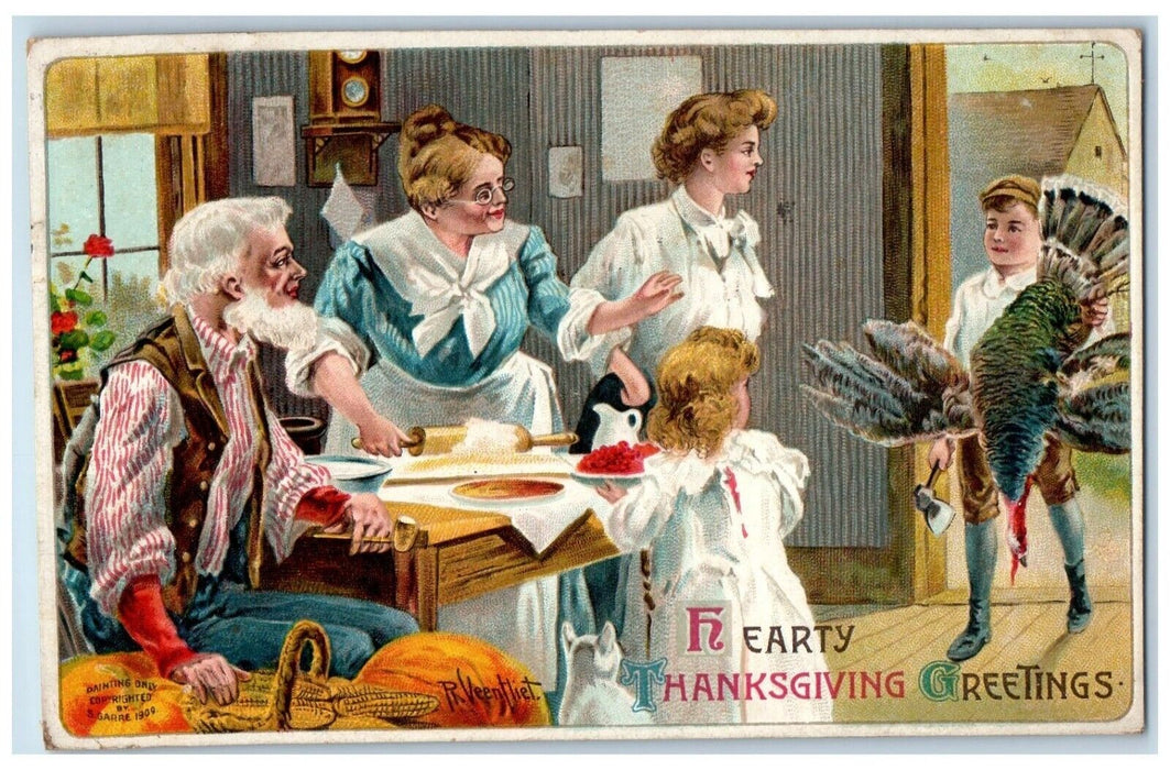 1909 Thanksgiving Greetings Boy Cached Turkey For Turkey Cachet Antique Postcard