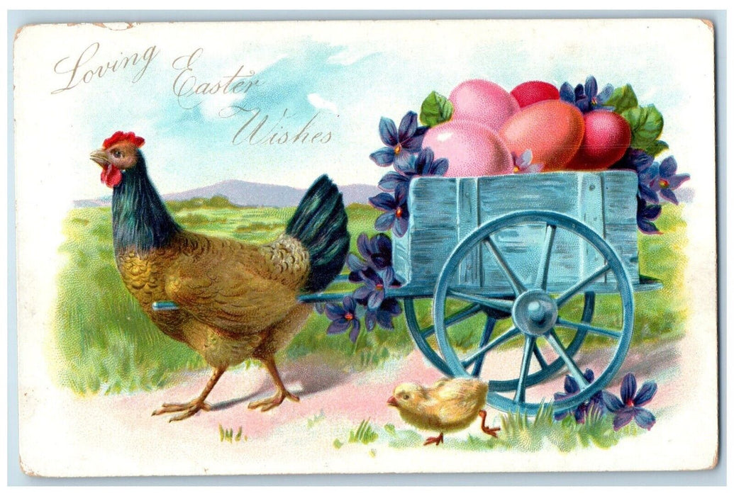 Easter Wishes Anthropomorphic Chicken Pulling Wagon Eggs Pansies Tuck's Postcard