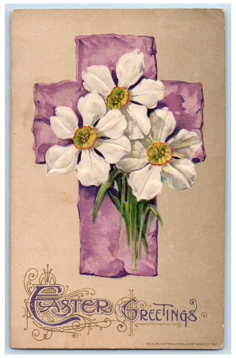 c1910's Easter Greetings Cross White Flowers Embossed Winsch Back Postcard