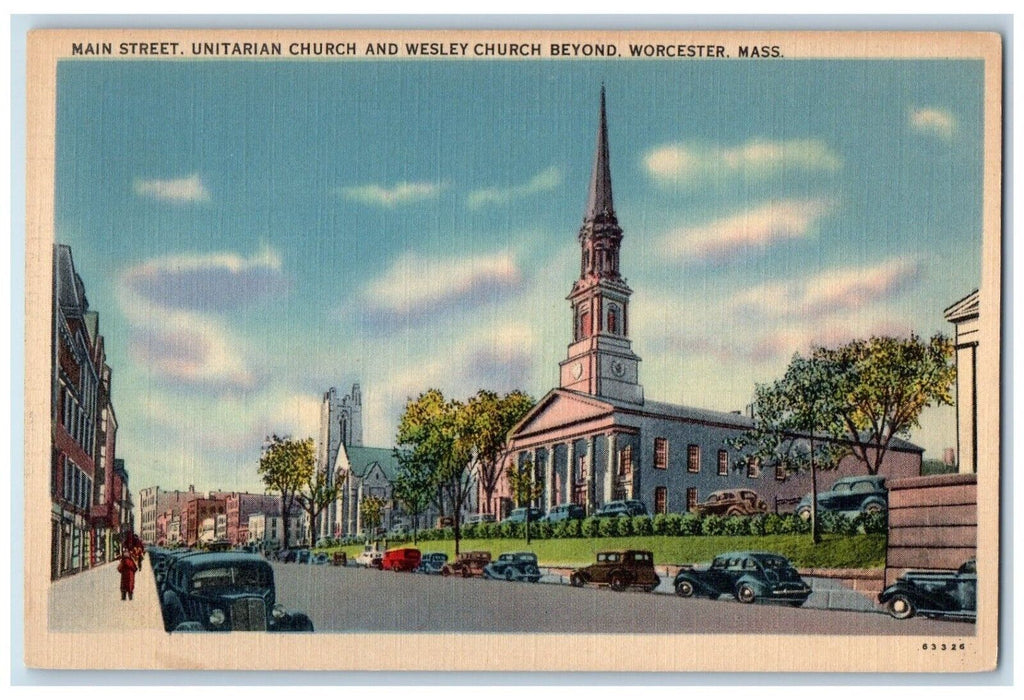 Main Street Unitarian Church Wesley Church Cars Beyond Worcester MA Postcard