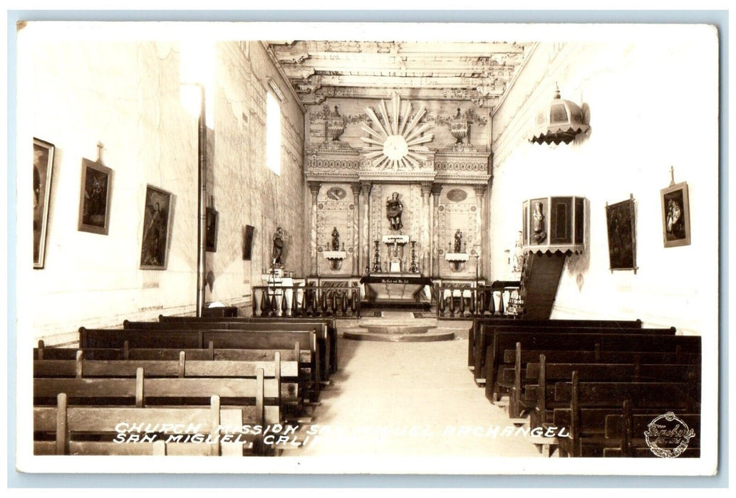 1941 Church Mission Interior San Miguel California CA RPPC Photo Posted Postcard