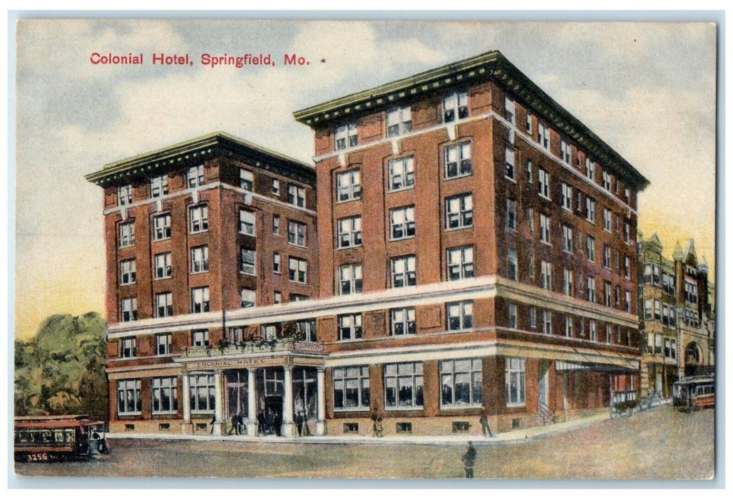 1907 Colonial Hotel Exterior Building Streetcar Springfield Missouri MO Postcard