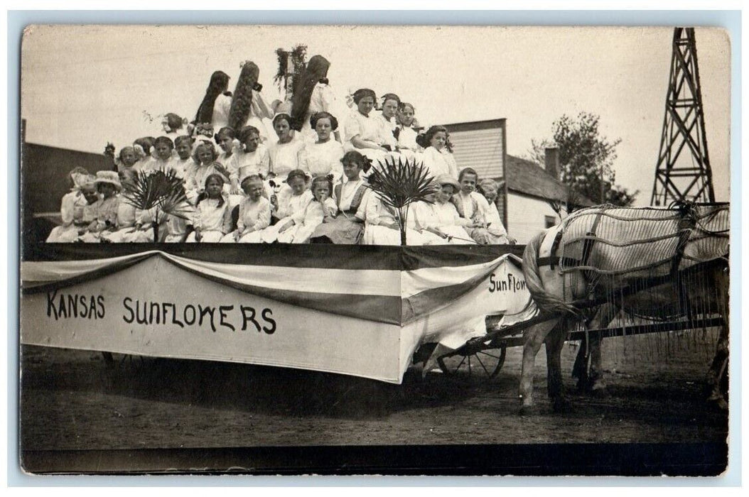 1911 Kansas Sunflowers Parade Float Women Girls Horse KS RPPC Photo Postcard