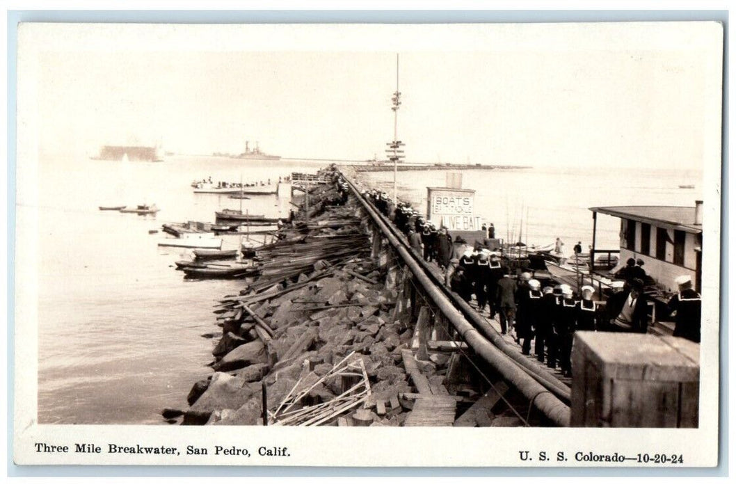 c1920's Three Mile Breakwater USS Colorado San Pedro CA RPPC Photo Postcard