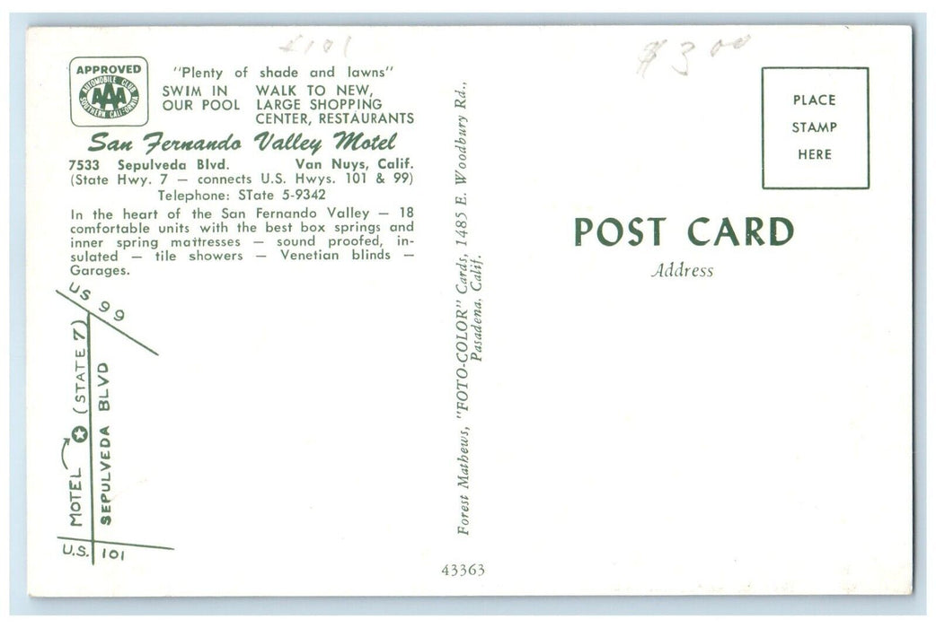 c1960's San Fernando Valley Motel Van Nuys California CA, Dual View Postcard
