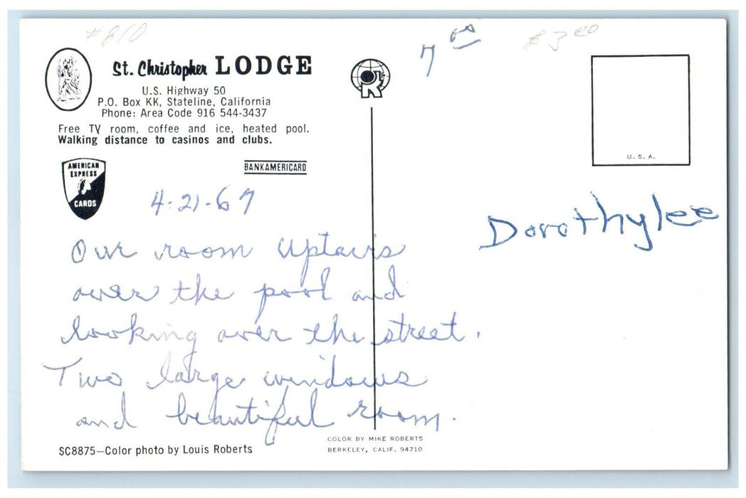 c1950's St. Christopher's Lodge Swimming Pool Stateline California CA Postcard