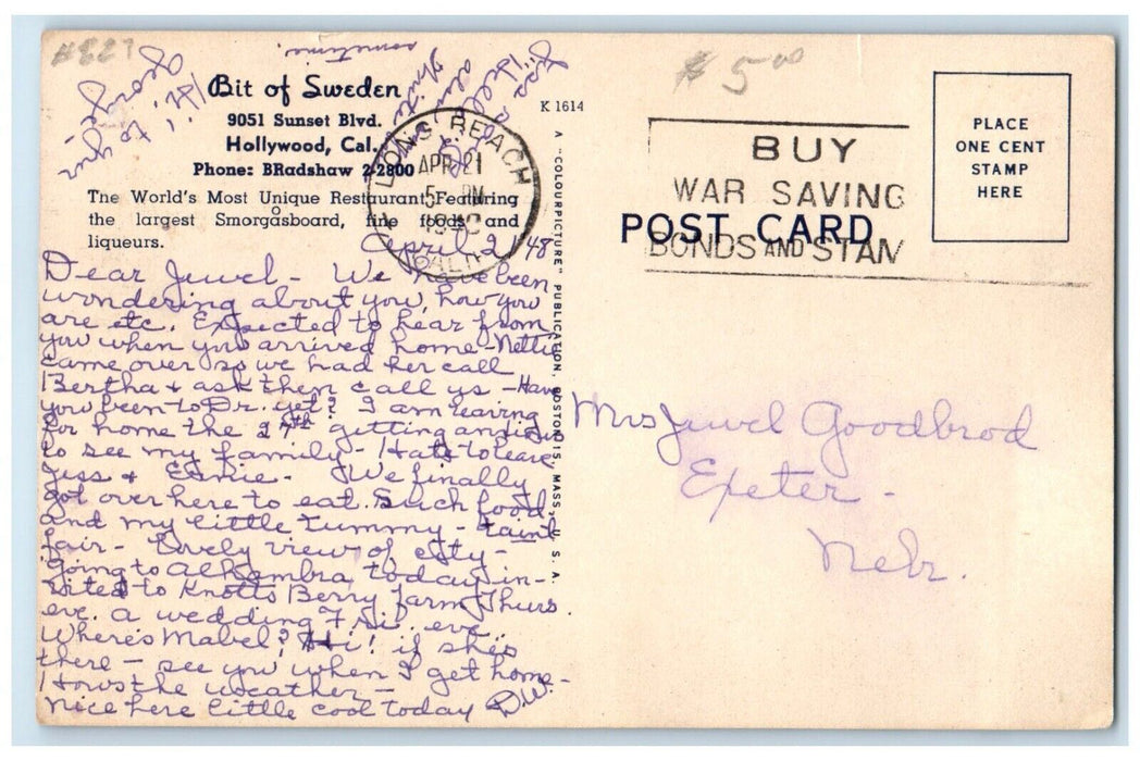 1940 Bit Of Sweden Restaurant Hollywood California CA, Dula View Posted Postcard