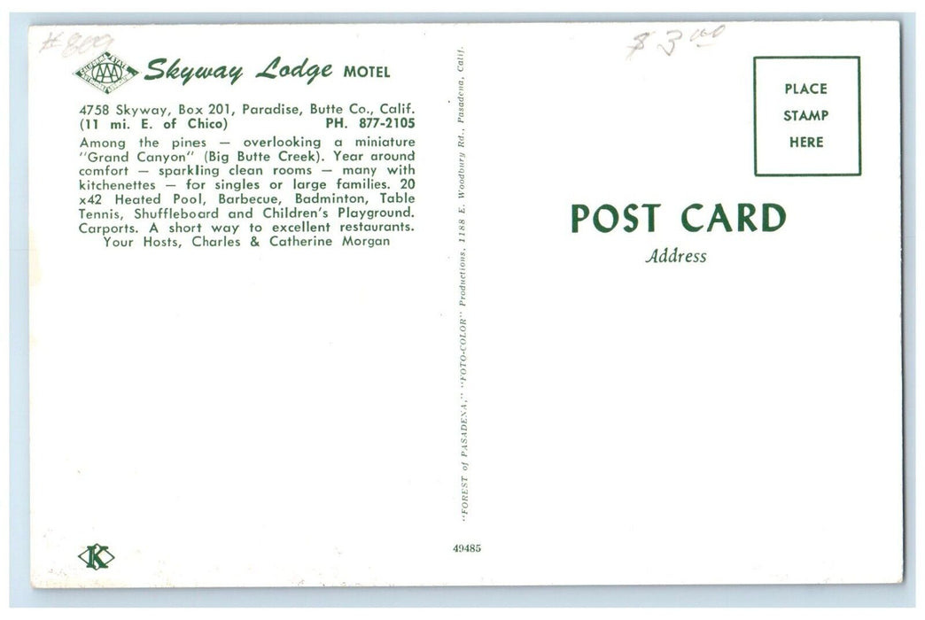 c1950's Skyway Lodge Motel Paradise California CA, Swimming Pool Scene Postcard