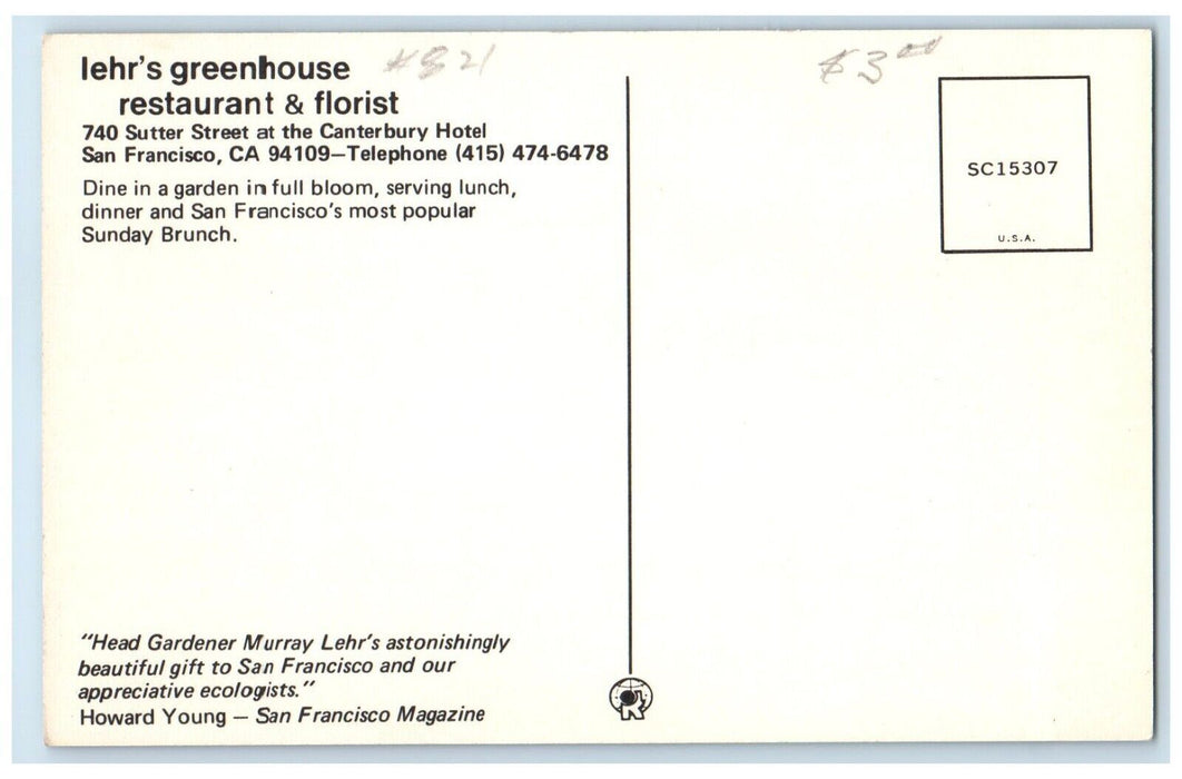 Lehr's Greenhouse Restaurant And Florist Dining Room San Francisco CA Postcard