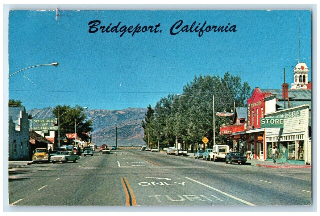 1970 Main Street Sportsmen's Inn Restaurant Cars Store Bridgeport CA Postcard