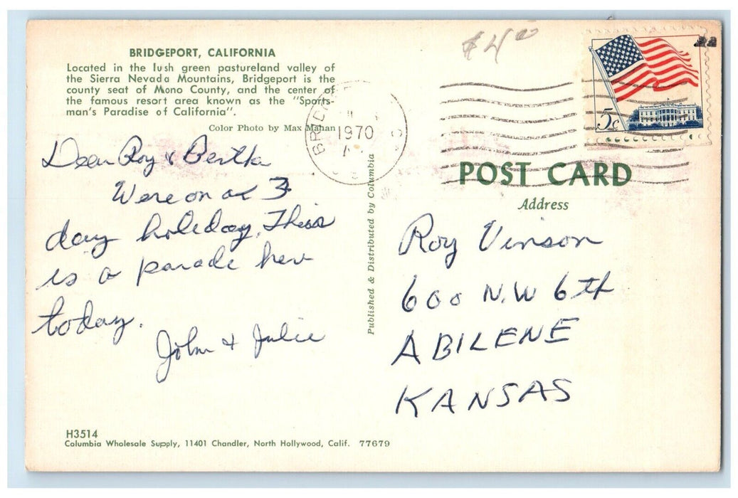 1970 Main Street Sportsmen's Inn Restaurant Cars Store Bridgeport CA Postcard
