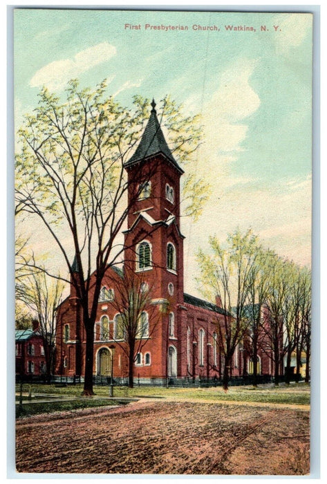 c1910 First Presbyterian Church Exterior Building Watkins New York NY Postcard