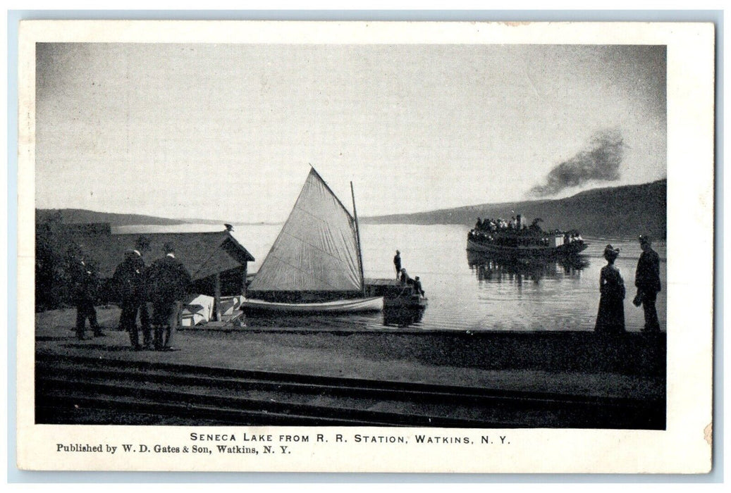 c1905 Seneca Lake From R.R. Station Sailboat Steamer Watkins New York Postcard