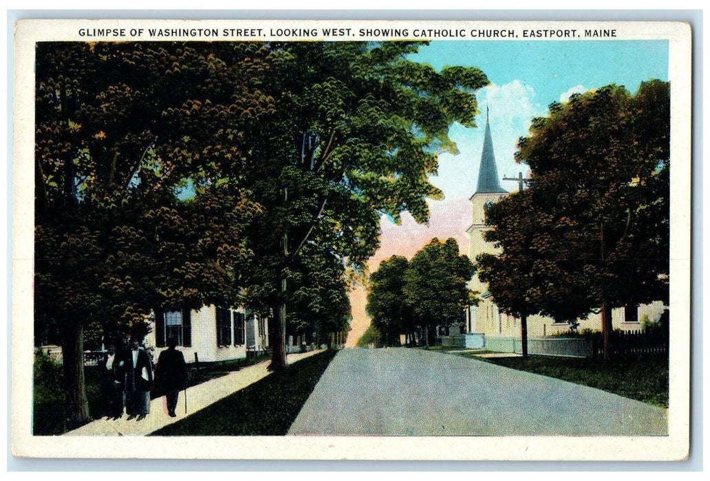 1920 Glimpse Washington Street Looking West Catholic Church Eastport ME Postcard