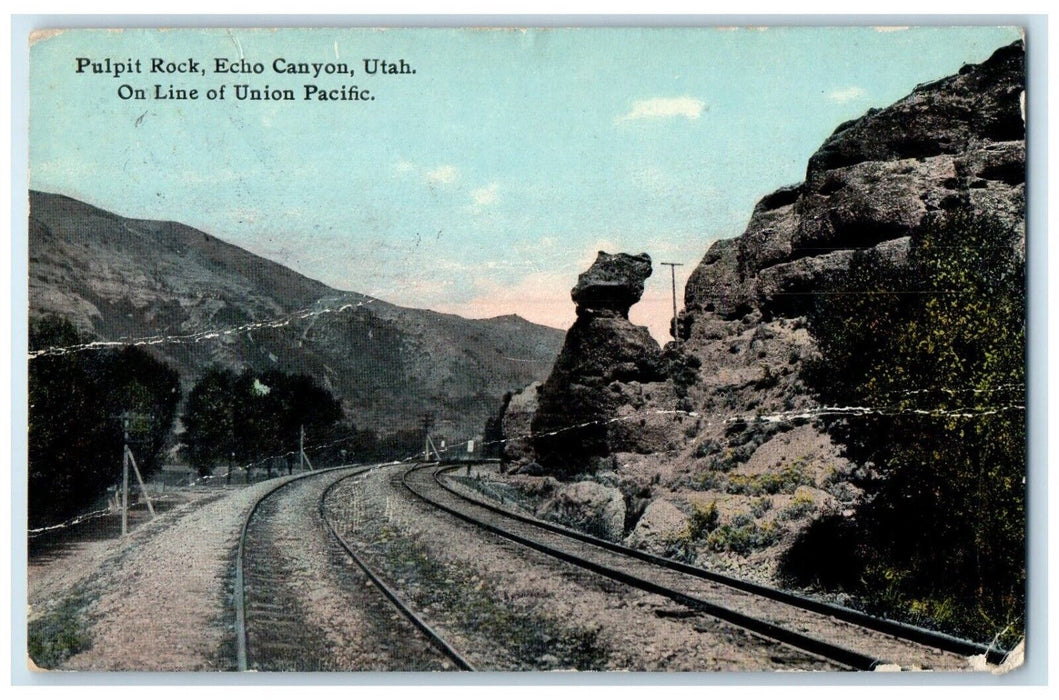 1914 Line Union Traffic Pulpit Rock Railroad Echo Canyon Utah UT Posted Postcard