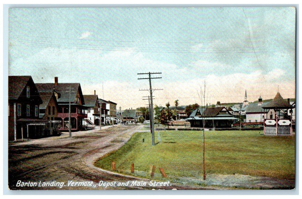 c1905 Depot And Main Street View Barton Landing Vermont VT Antique Postcard