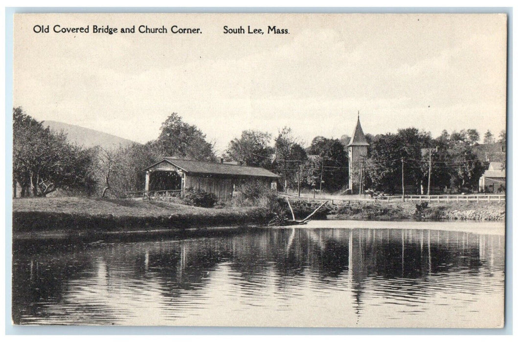 c1940's Old Covered Bridge And Church Corner South Lee Massachusetts MA Postcard