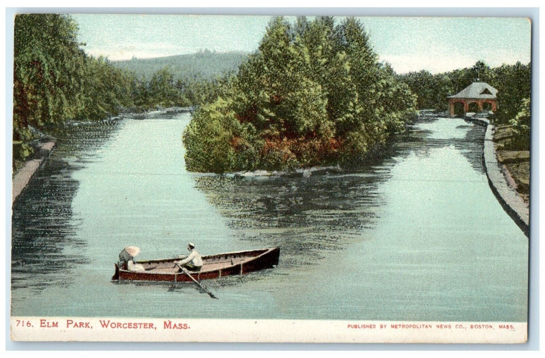 c1905 Elm Park Worcester Massachusetts MA, Canoeing Lake Antique Postcard