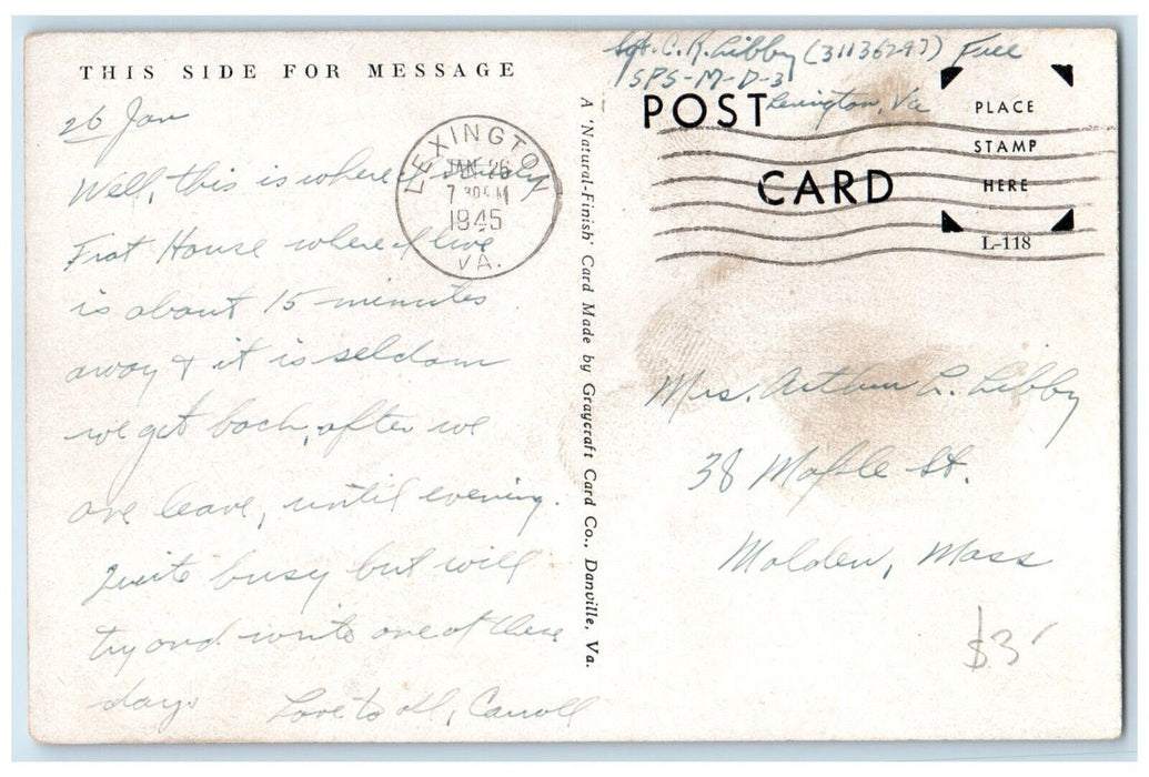 1945 Washington And Lee University Lexington Virginia VA Posted Vintage Postcard