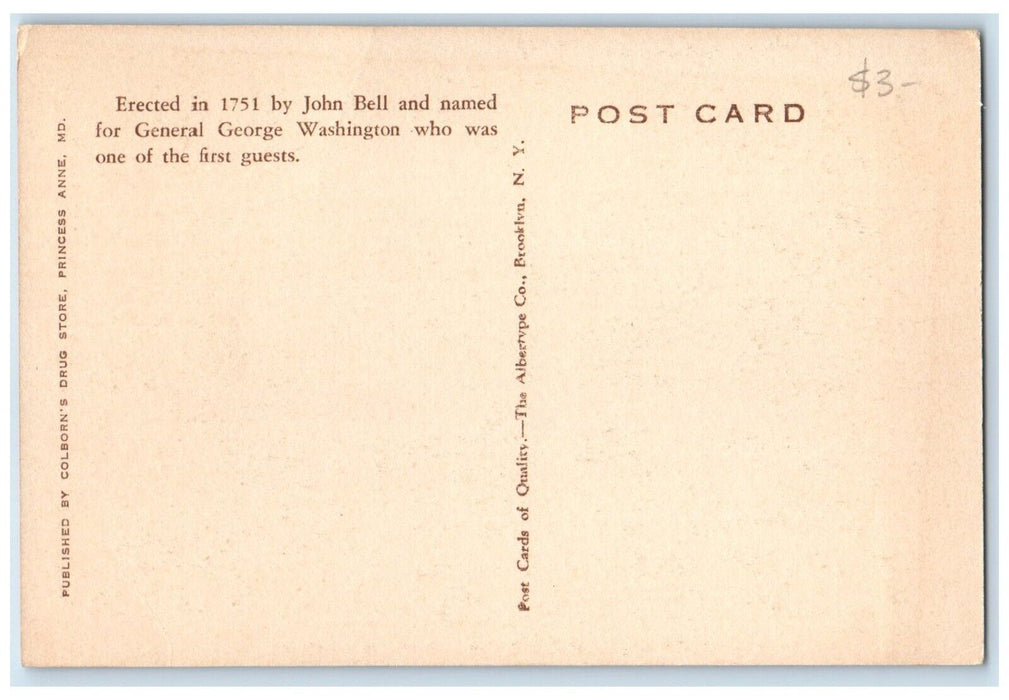 c1940 Washington Hotel Erected 1951 Princess Anne Maryland MD Vintage Postcard