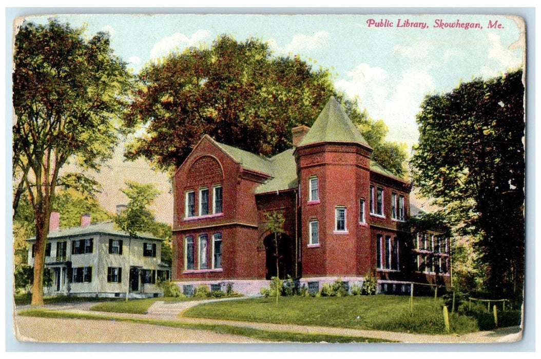 1910 Public Library Building Scene Street Skowhegan Maine ME Antique Postcard