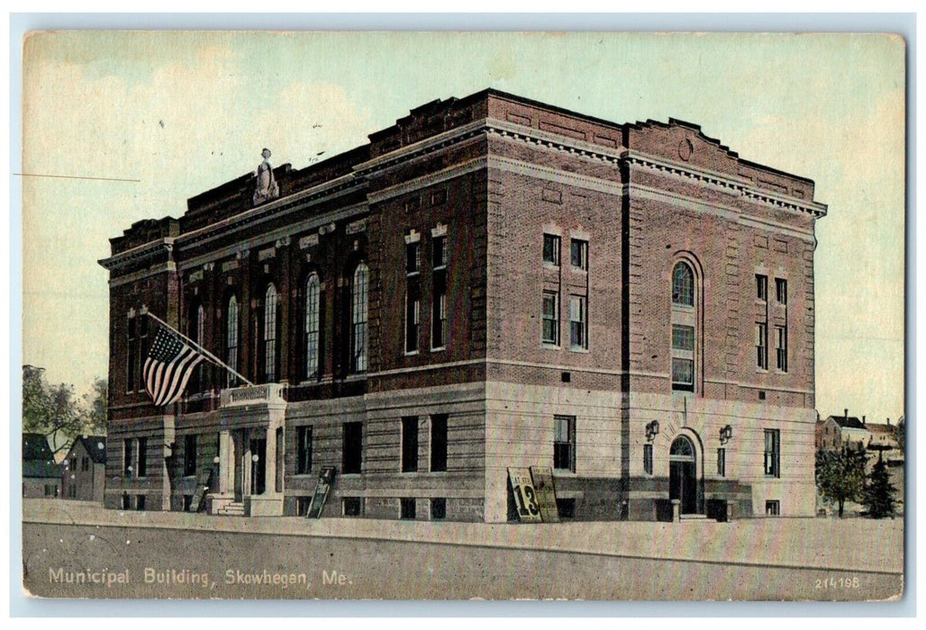 1915 Municipal Building Scene Street Skowhegan Maine ME Posted Antique Postcard