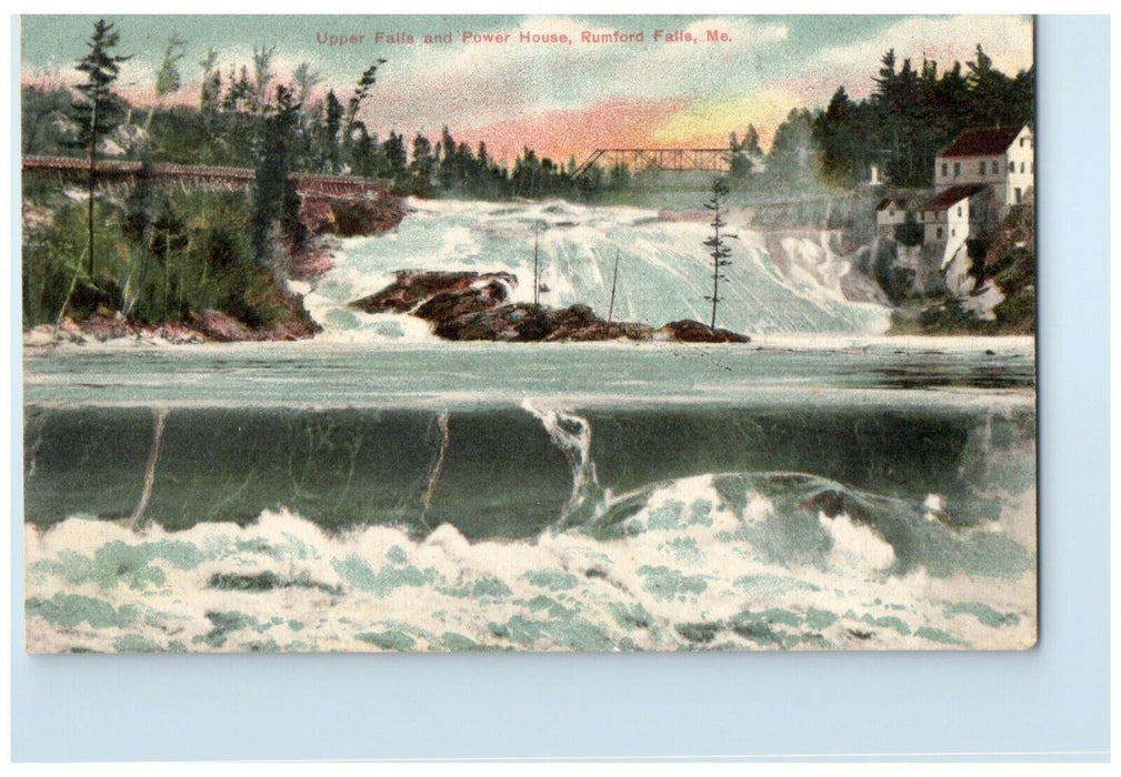 1907 Upper Falls And Power House Rumford Falls Maine ME, Waterfalls Postcard