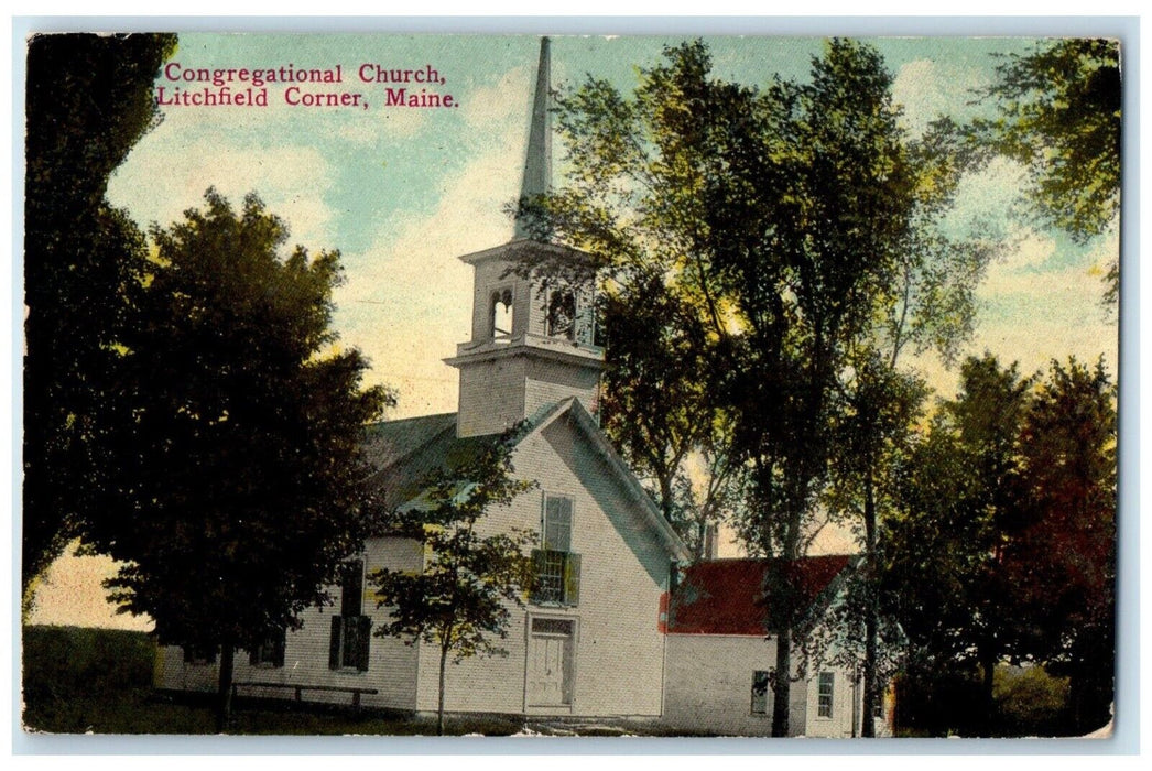 1912 Congregational Church Scene Street Litchfield Corner Maine ME Postcard