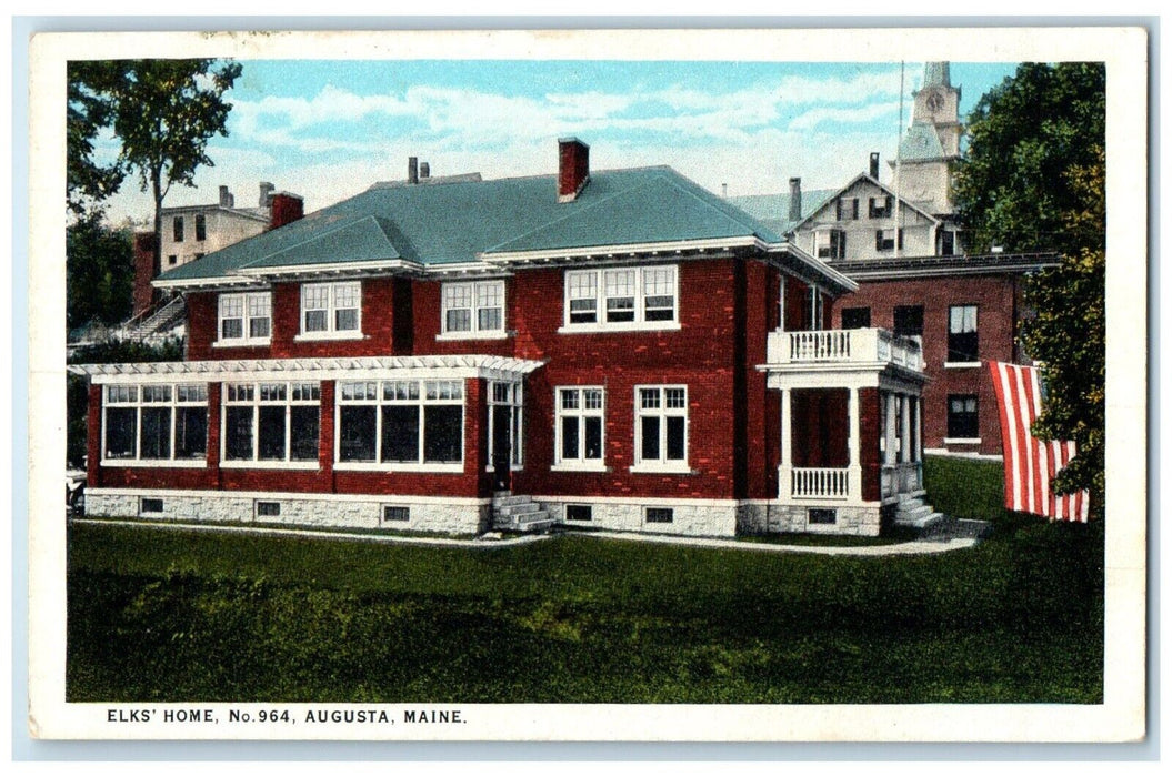 c1930's Elk's Home Building American Flag Augusta Maine ME Vintage Postcard