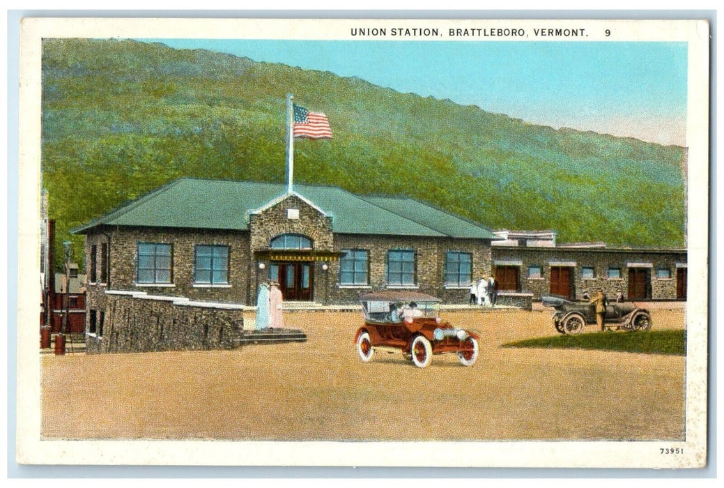 c1920 Union Station Classic Cars Exterior Building Brattleboro Vermont Postcard