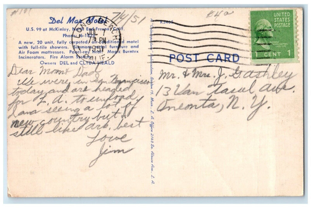 1951 Del Mar Motel US 99 At McKinley North End Fresno California CA Postcard