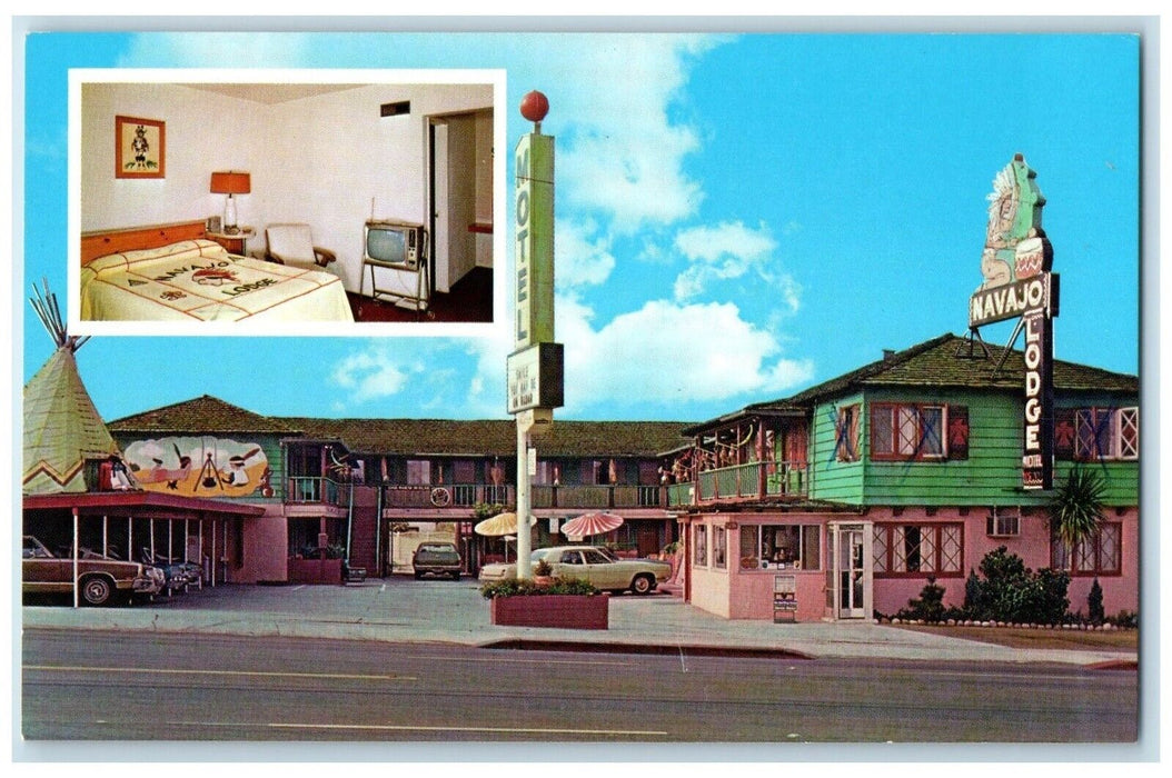 1977 Navajo Lodge Motel Bedroom View Cars San Diego California CA Postcard