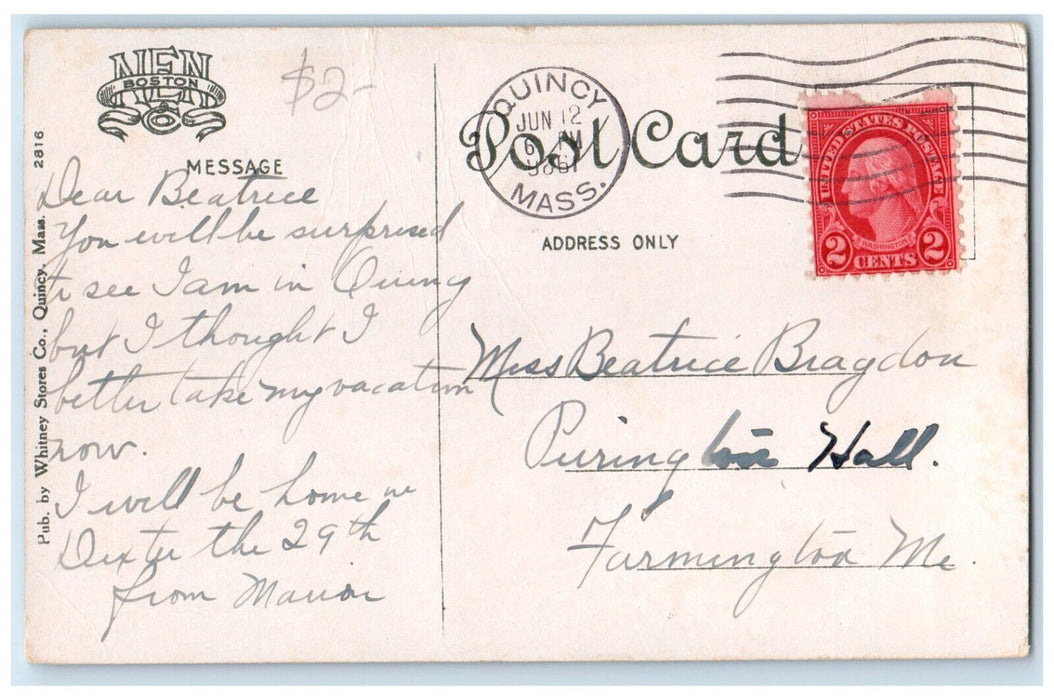 1926 The Court House Quincy Massachusetts MA Antique Posted New Boston Postcard