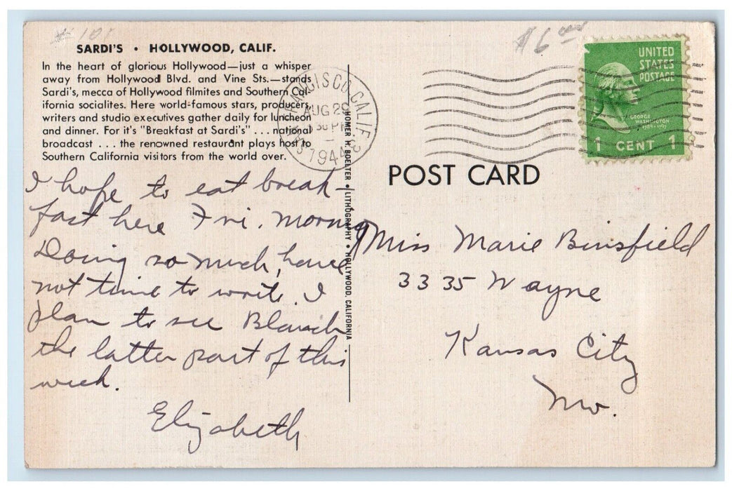 1944 Sardi's Restaurant Dining Room Interior Hollywood California CA Postcard