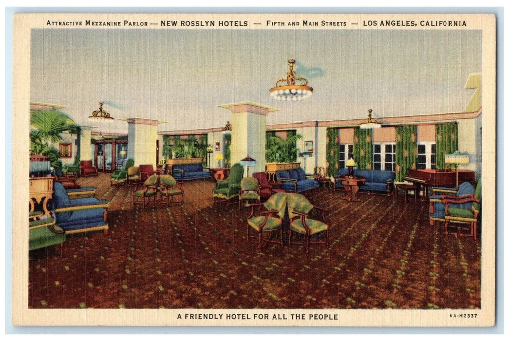 c1930's Mezzanine Parlor New Rosslyn Hotels Los Angeles California CA Postcard