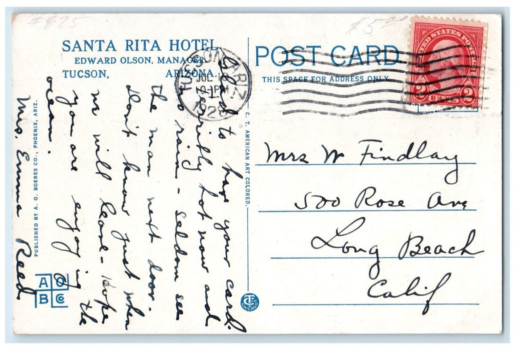 1928 Santa Rita Hotel Building Cars Tucson Arizona AZ Posted Vintage Postcard