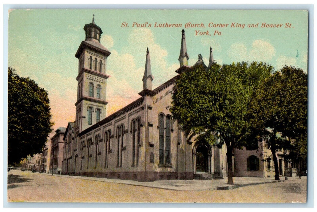 c1910's St. Paul's Lutheran Church Corner King And Beaver St. York PA Postcard