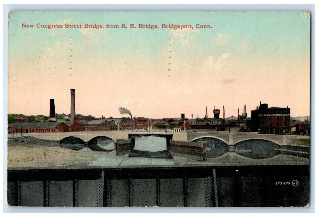 1911 New Congress Street Bridge from Railroad Bridge Brigeport CT Postcard